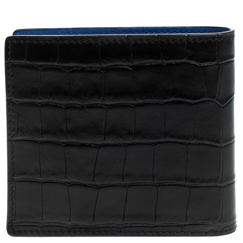 Men's Alexander McQueen Black Croc Embossed Leather Bi Fold Wallet