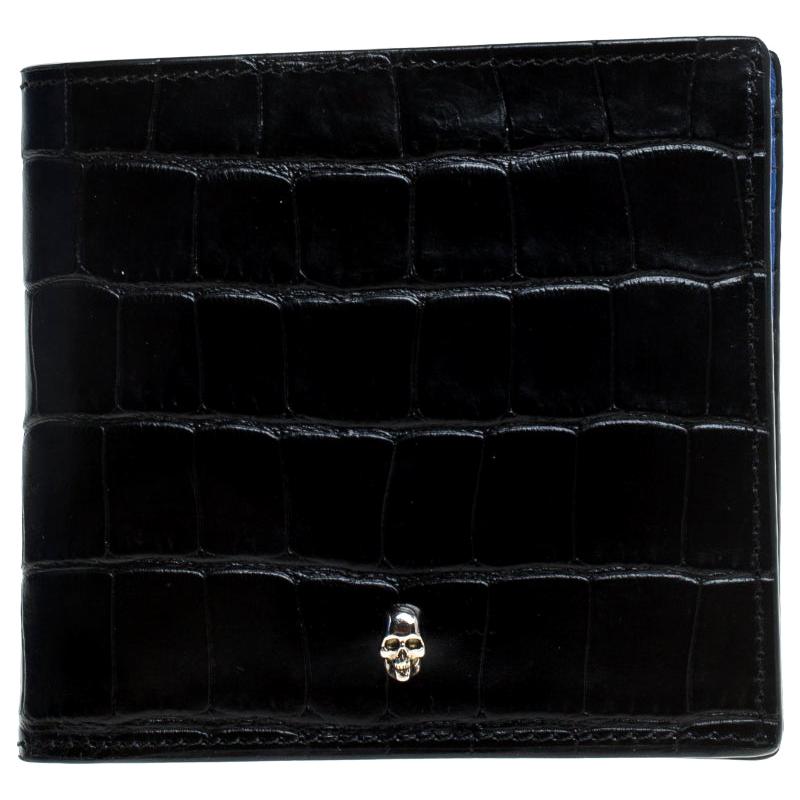Alexander McQueen Black Croc Embossed Leather Bi Fold Wallet