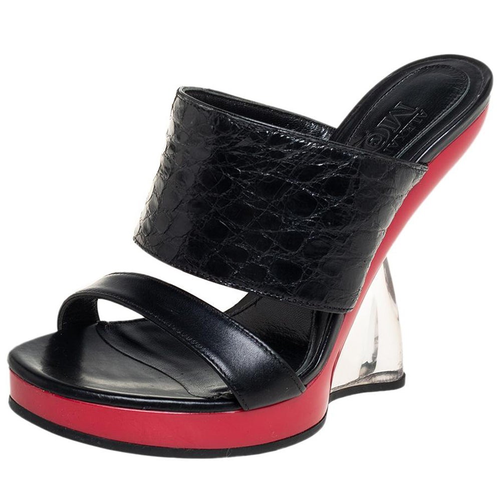 Alexander McQueen Black Croc Embossed Leather Bold Wedge Slide Sandals Size  35 For Sale at 1stDibs