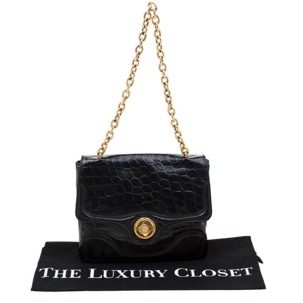 Alexander McQueen Black Croc Embossed Leather Flap Chain Shoulder Bag 7