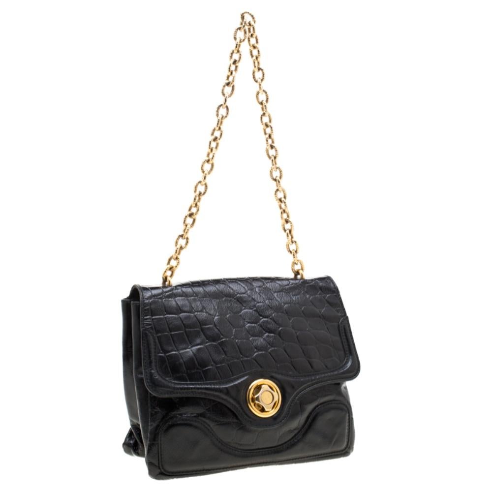 Women's Alexander McQueen Black Croc Embossed Leather Flap Chain Shoulder Bag