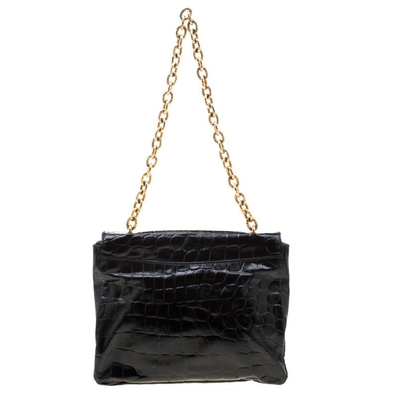 Alexander McQueen Black Croc Embossed Leather Flap Chain Shoulder Bag 2