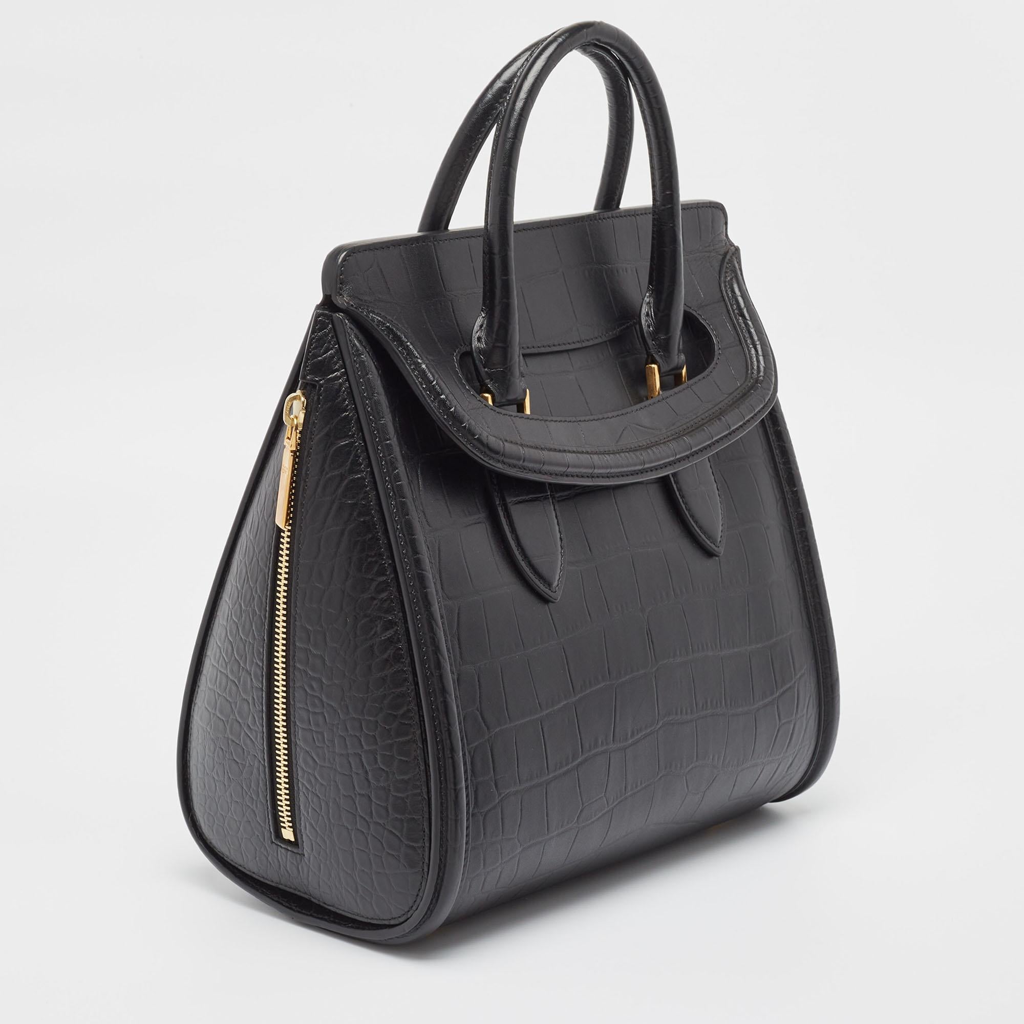 Women's Alexander McQueen Black Croc Embossed Leather Heroine Bag For Sale