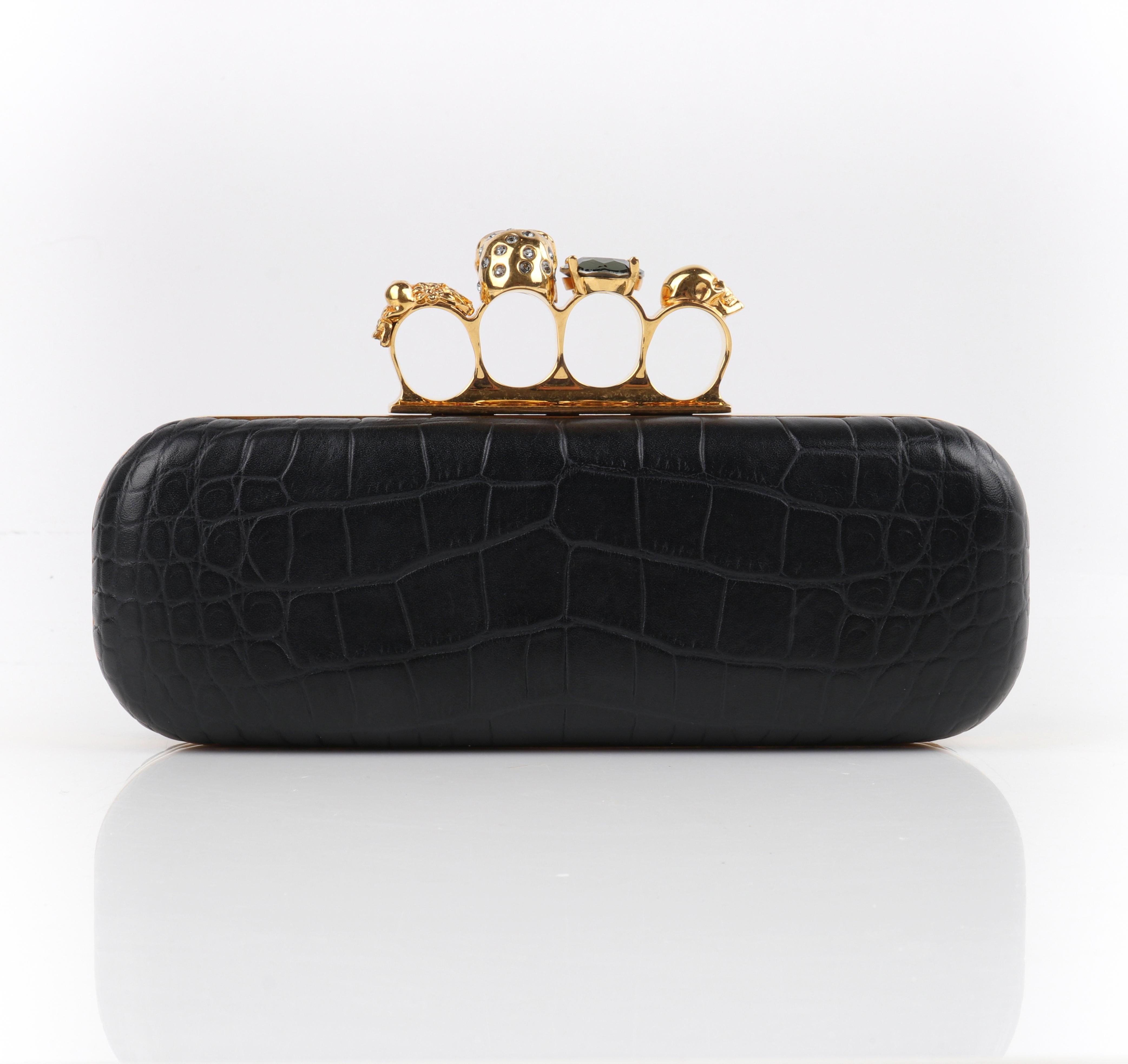 ALEXANDER McQUEEN Black Croc Embossed Leather Knuckle Duster Box Clutch w/Box 1