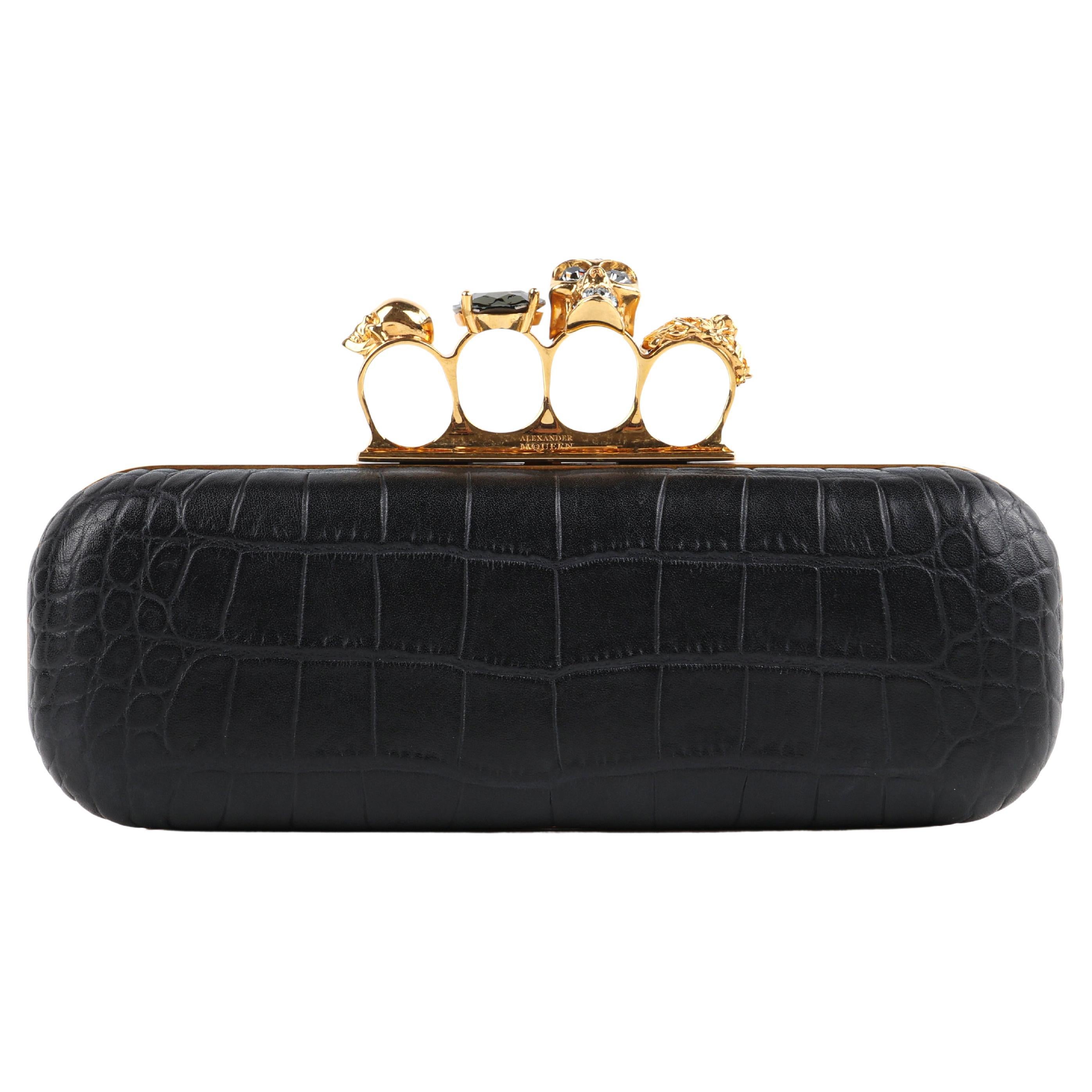 ALEXANDER McQUEEN Black Croc Embossed Leather Knuckle Duster Box Clutch w/Box