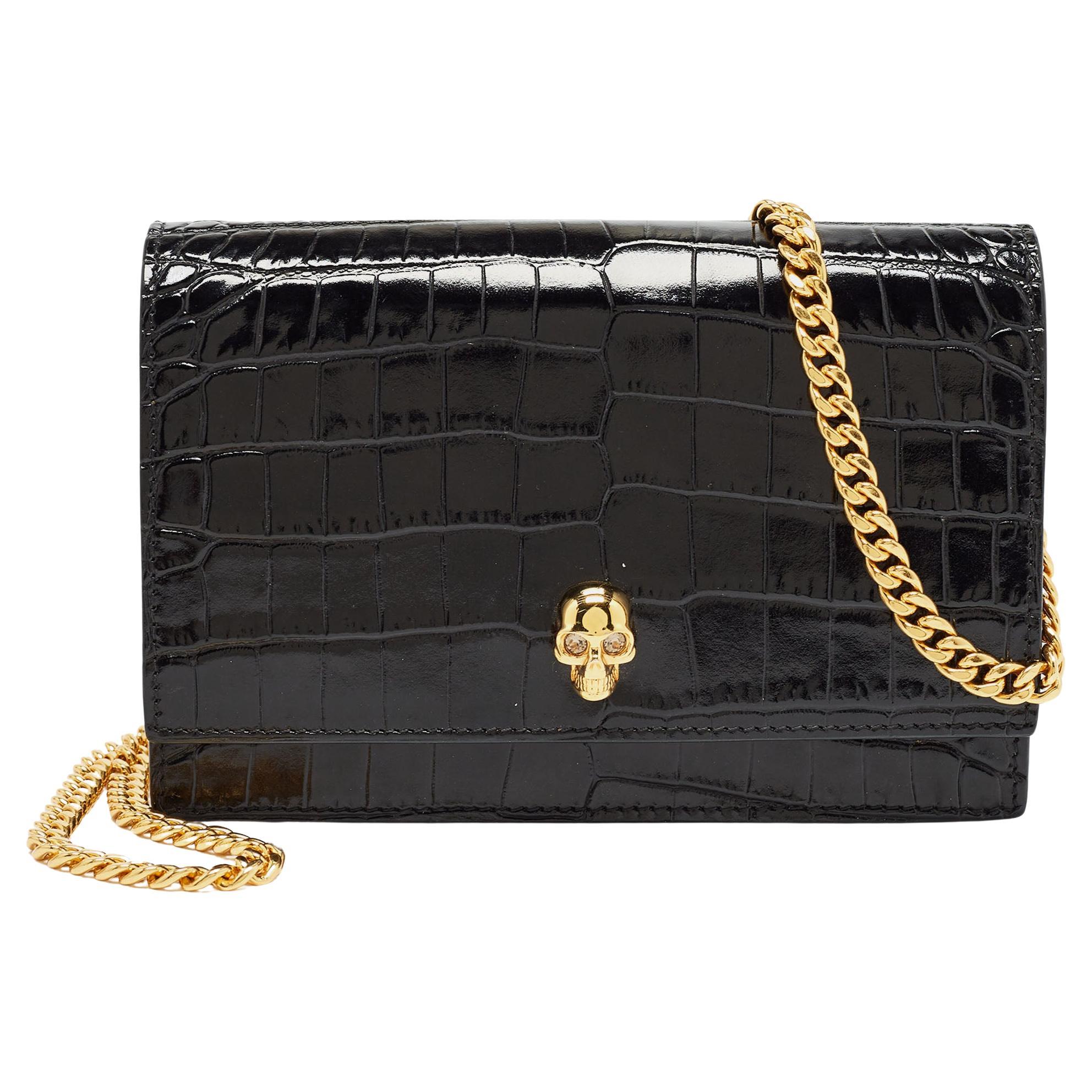 Alexander McQueen Black Croc Embossed Leather Skull Chain Clutch For Sale