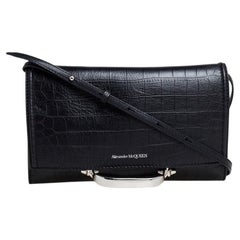 Alexander McQueen Black Croc Embossed Leather The Story Shoulder Bag