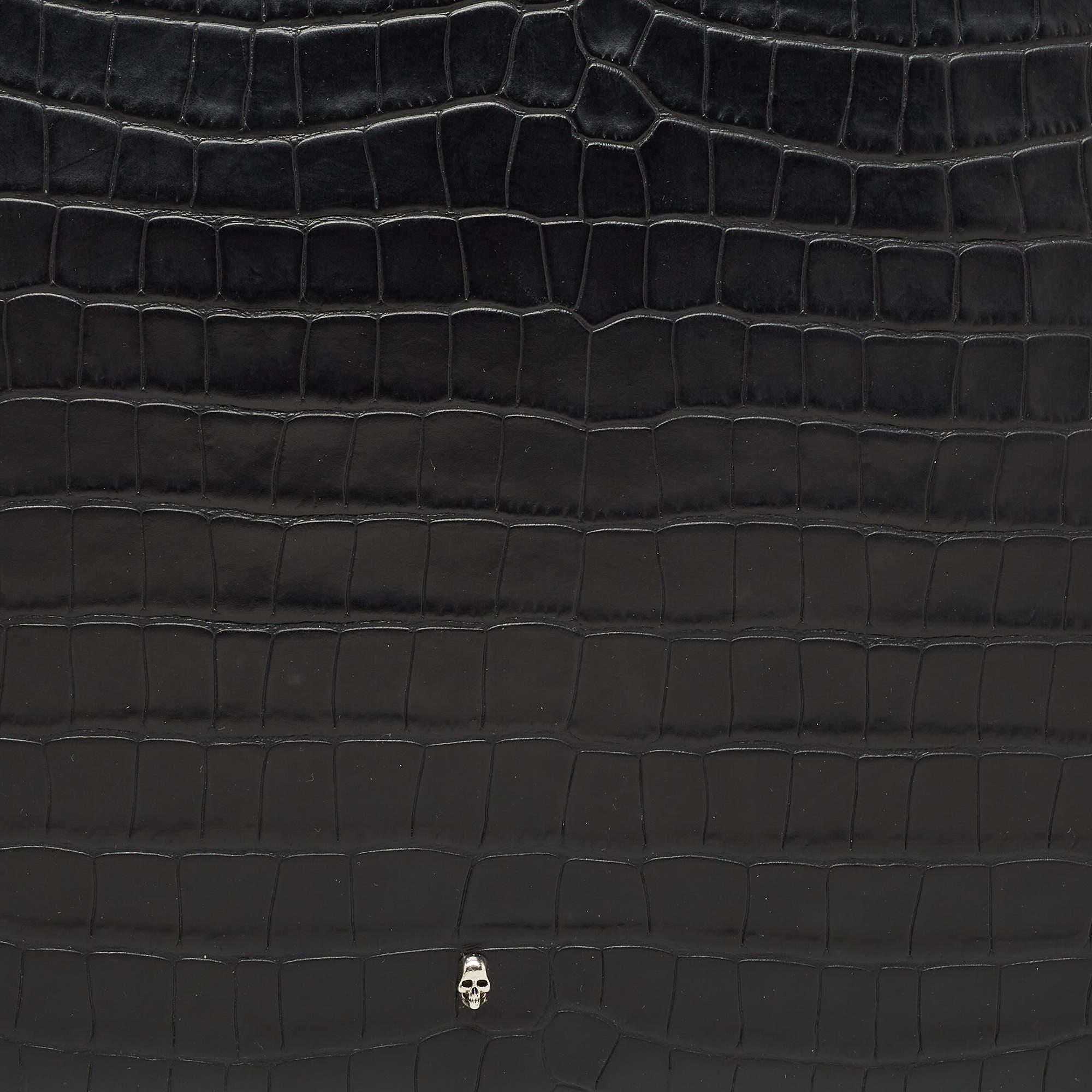 Alexander McQueen Black Croc Embossed Leather Zip Around Pouch 8