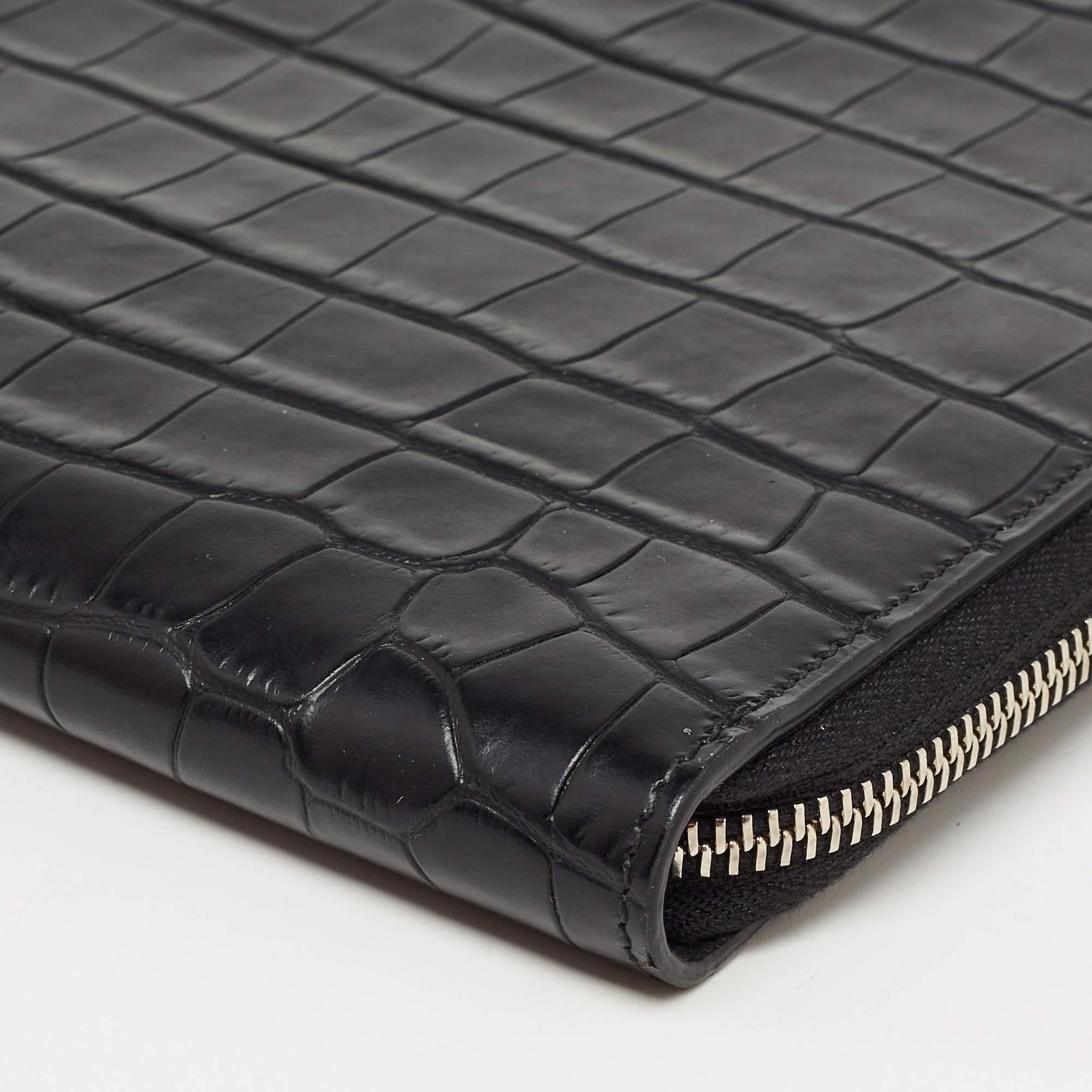 Alexander McQueen Black Croc Embossed Leather Zip Around Pouch 1