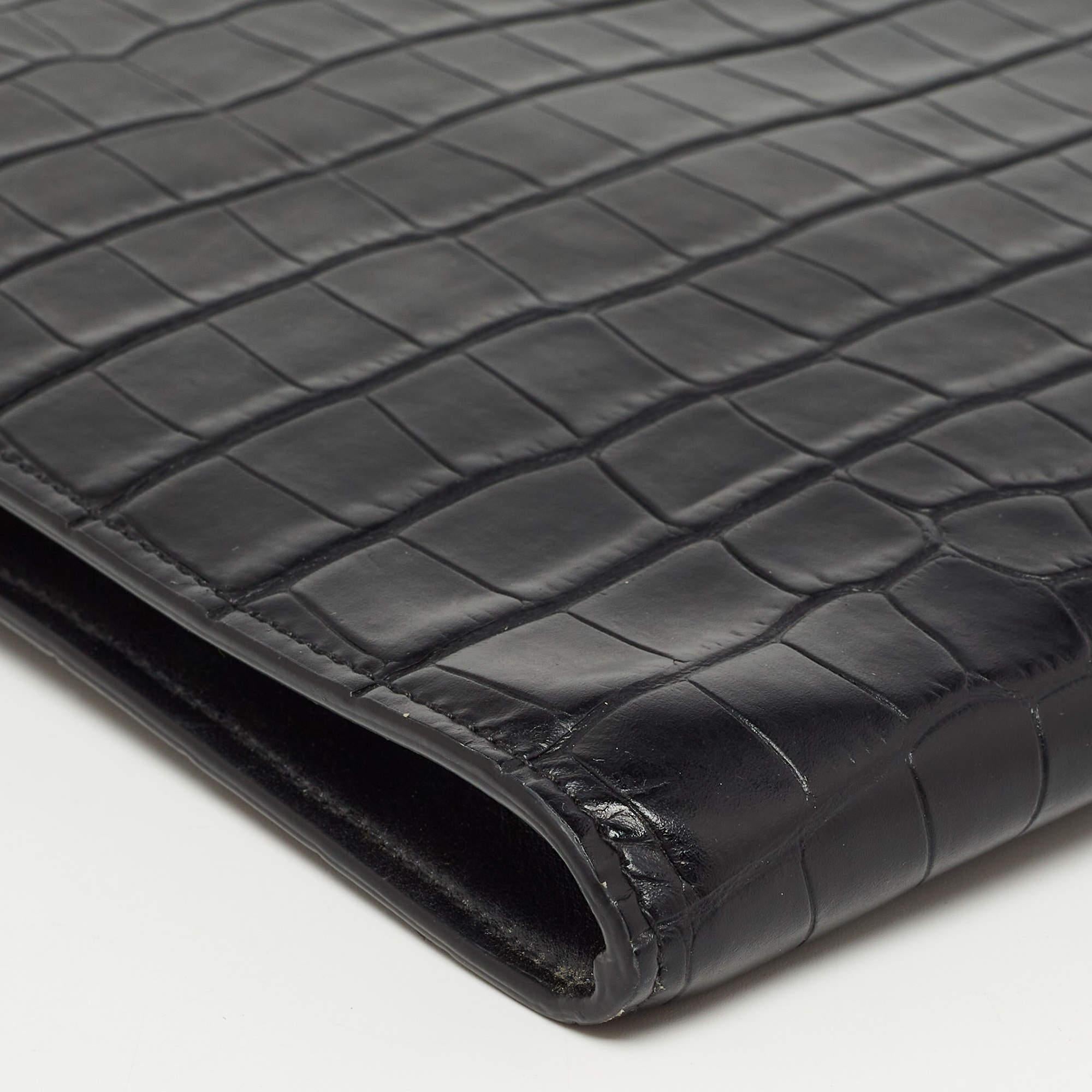 Alexander McQueen Black Croc Embossed Leather Zip Around Pouch 2