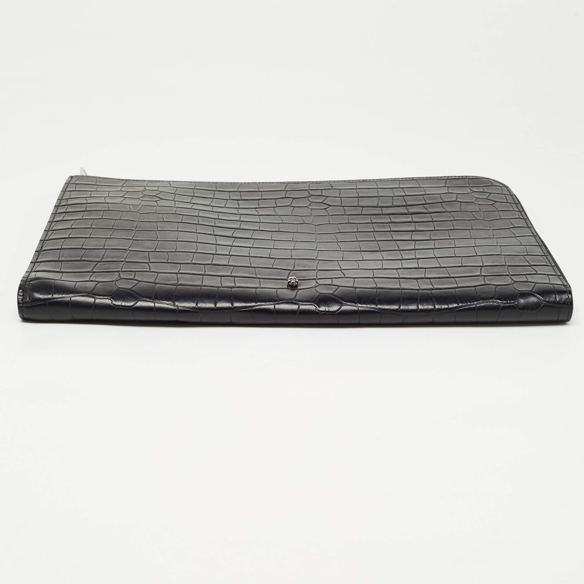 Alexander McQueen Black Croc Embossed Leather Zip Around Pouch 3