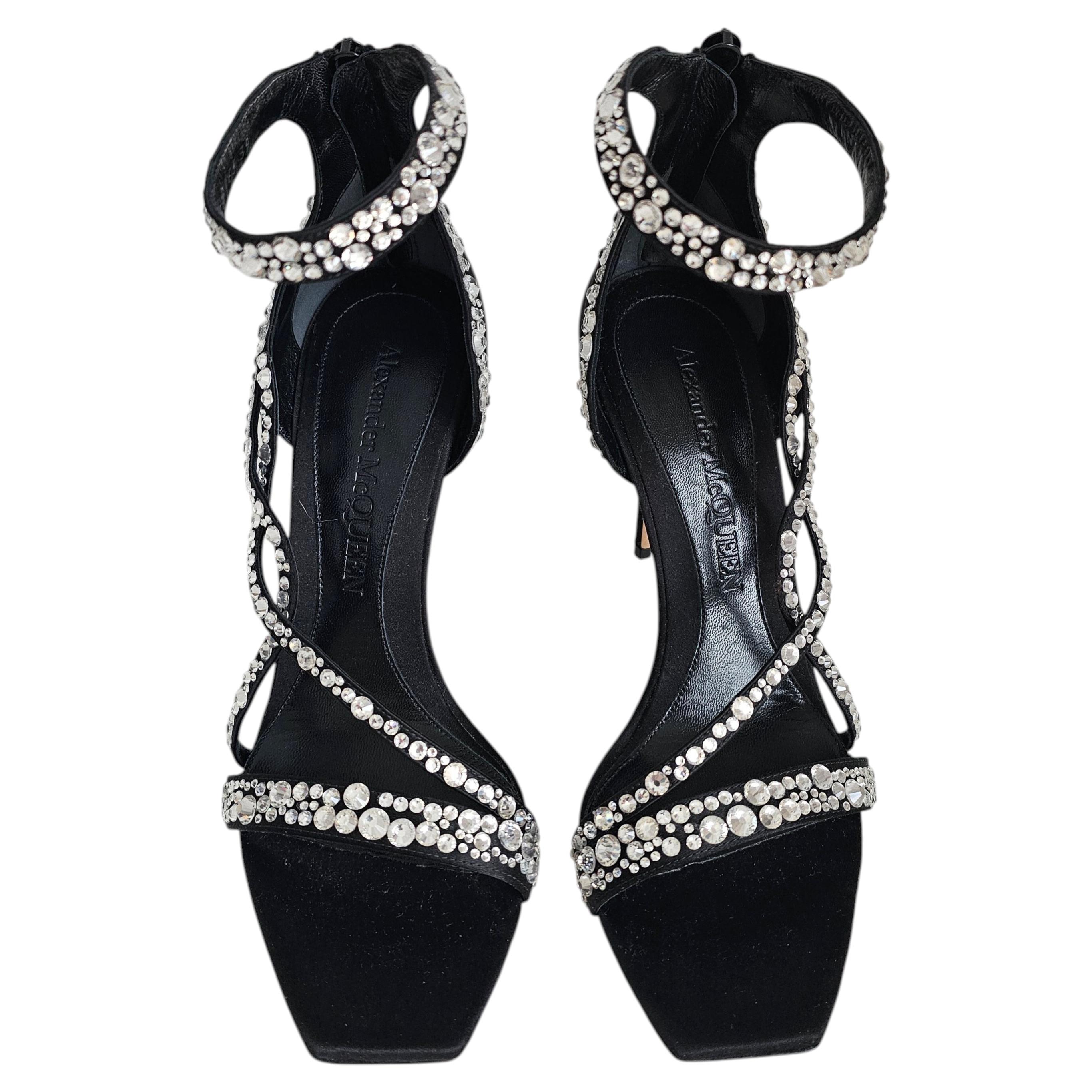 Alexander McQueen Black Crystal Cage Sandals Satin Heels EU 39 US
