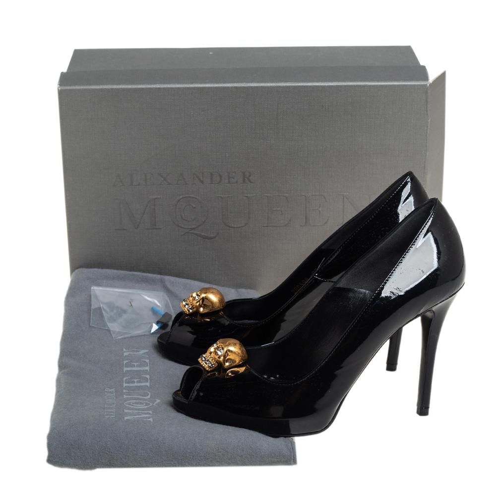 Alexander McQueen Black Crystal Embellished Skull Peep Toe Pumps Size 37 5