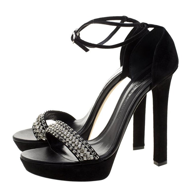 Alexander McQueen Black Crystal Embellished Suede Ankle Strap Open Toe ...