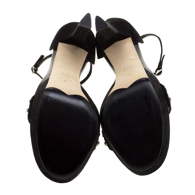 Alexander McQueen Black Crystal Embellished Suede Ankle Strap Open Toe Sandals S 1