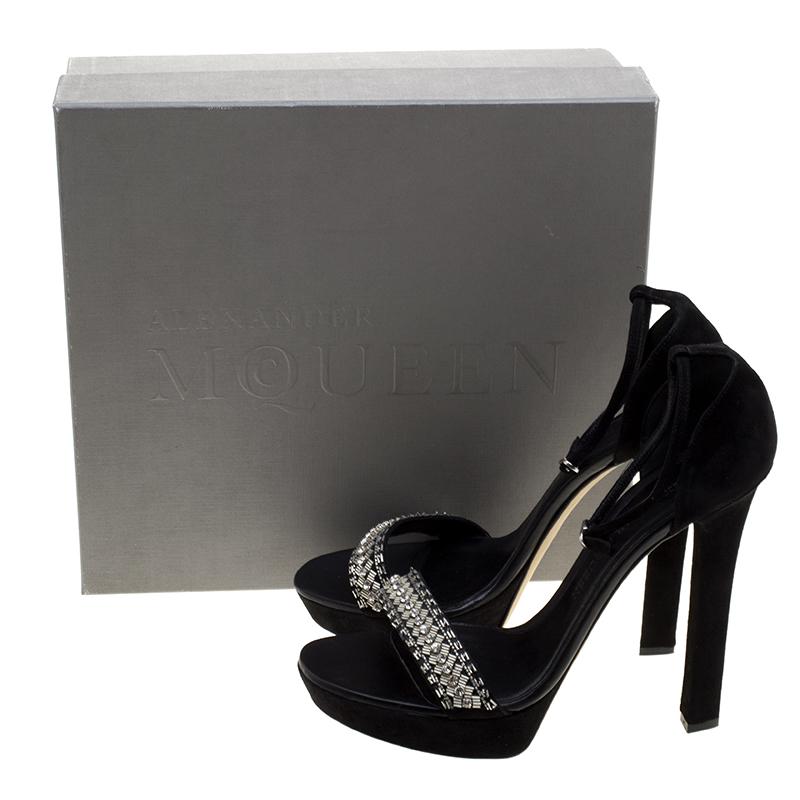 Alexander McQueen Black Crystal Embellished Suede Ankle Strap Open Toe Sandals S 3