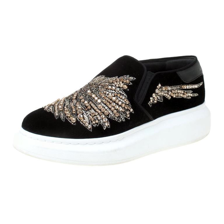Alexander McQueen Black Crystal Embellished Velvet Slip On Platform Sneakers Siz