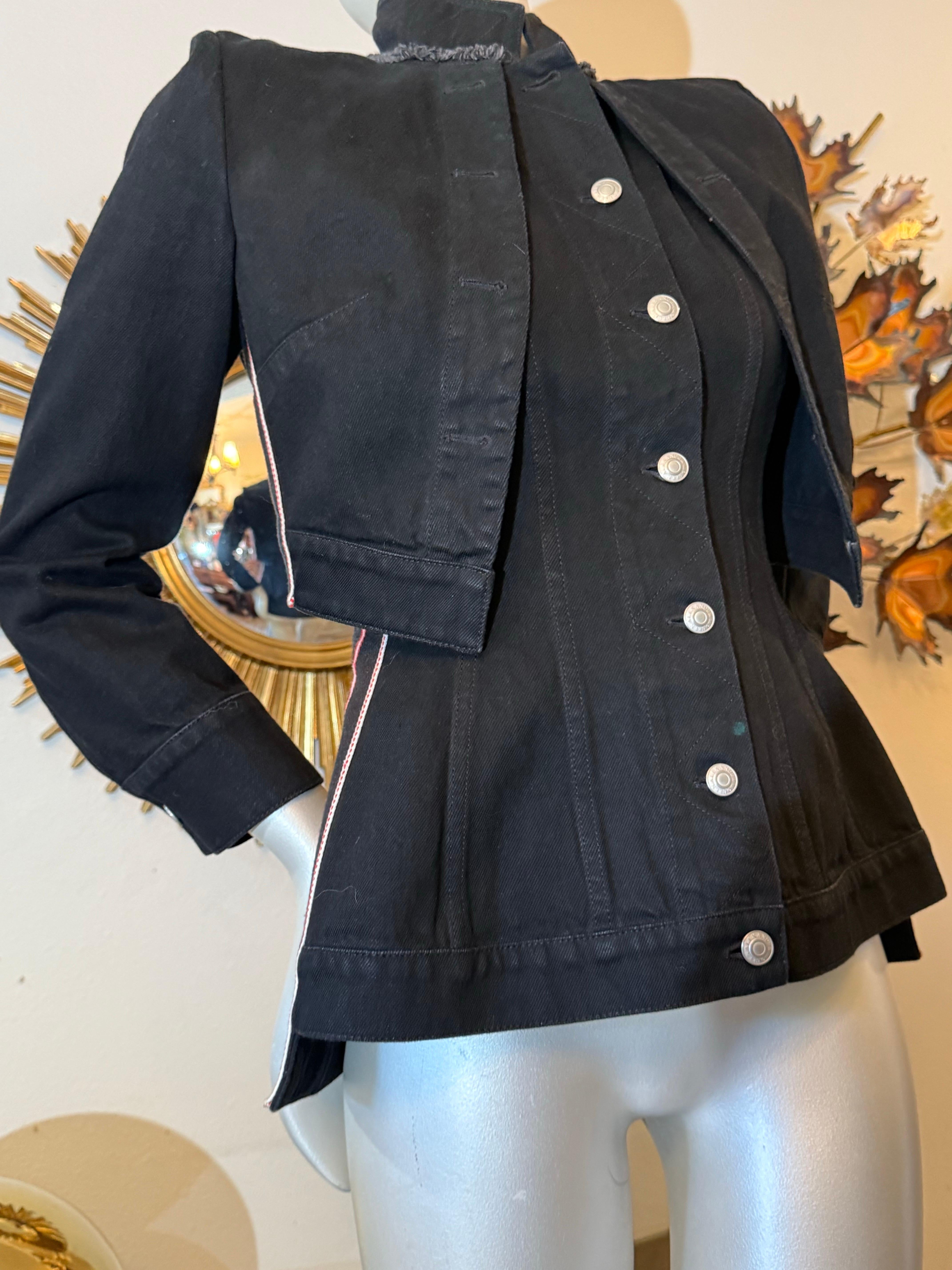 Alexander McQueen Black Denim Jacket w Integral Overlay and Stripes at Sides In Excellent Condition For Sale In Gresham, OR