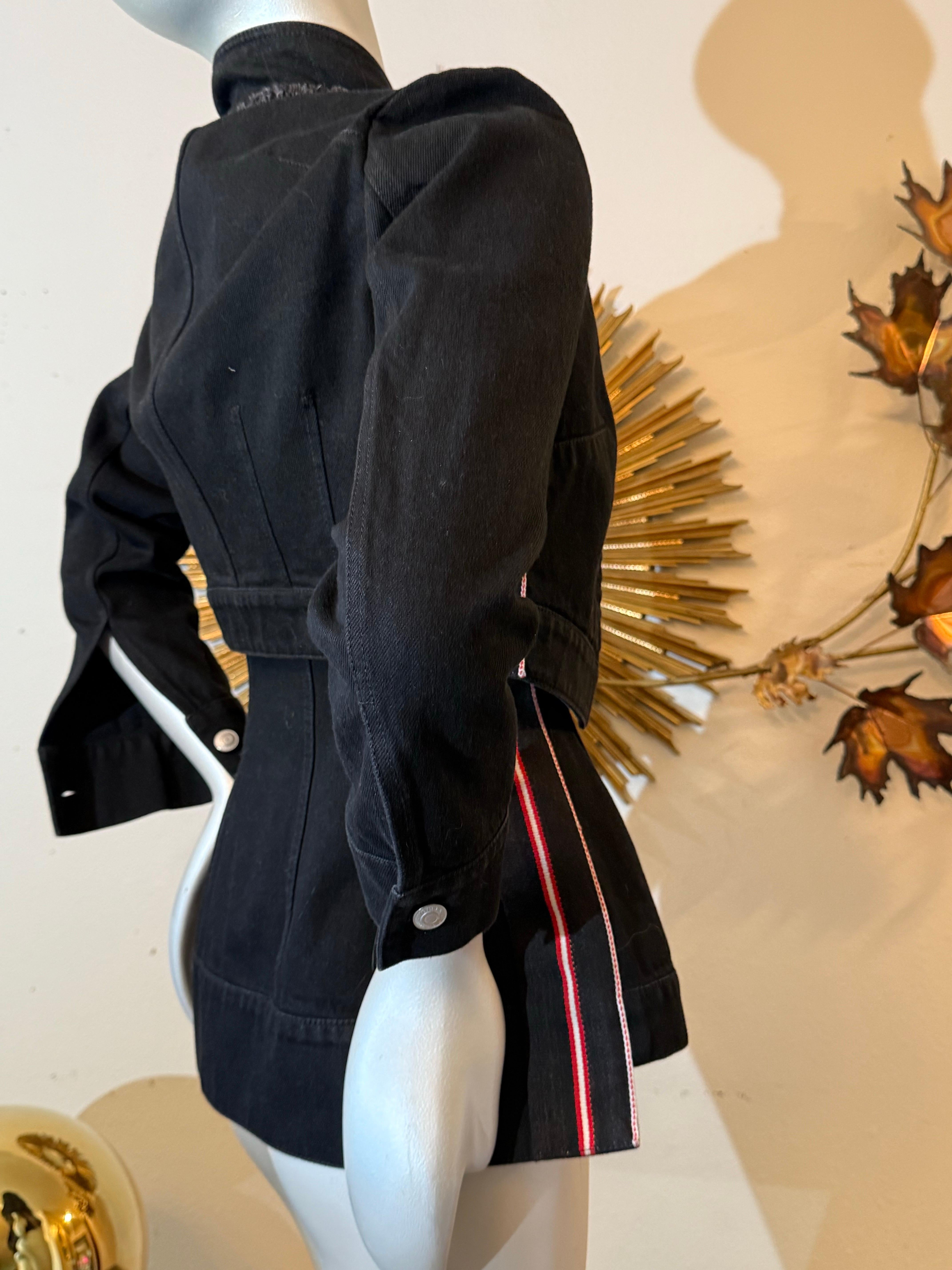 Alexander McQueen Black Denim Jacket w Integral Overlay and Stripes at Sides For Sale 1