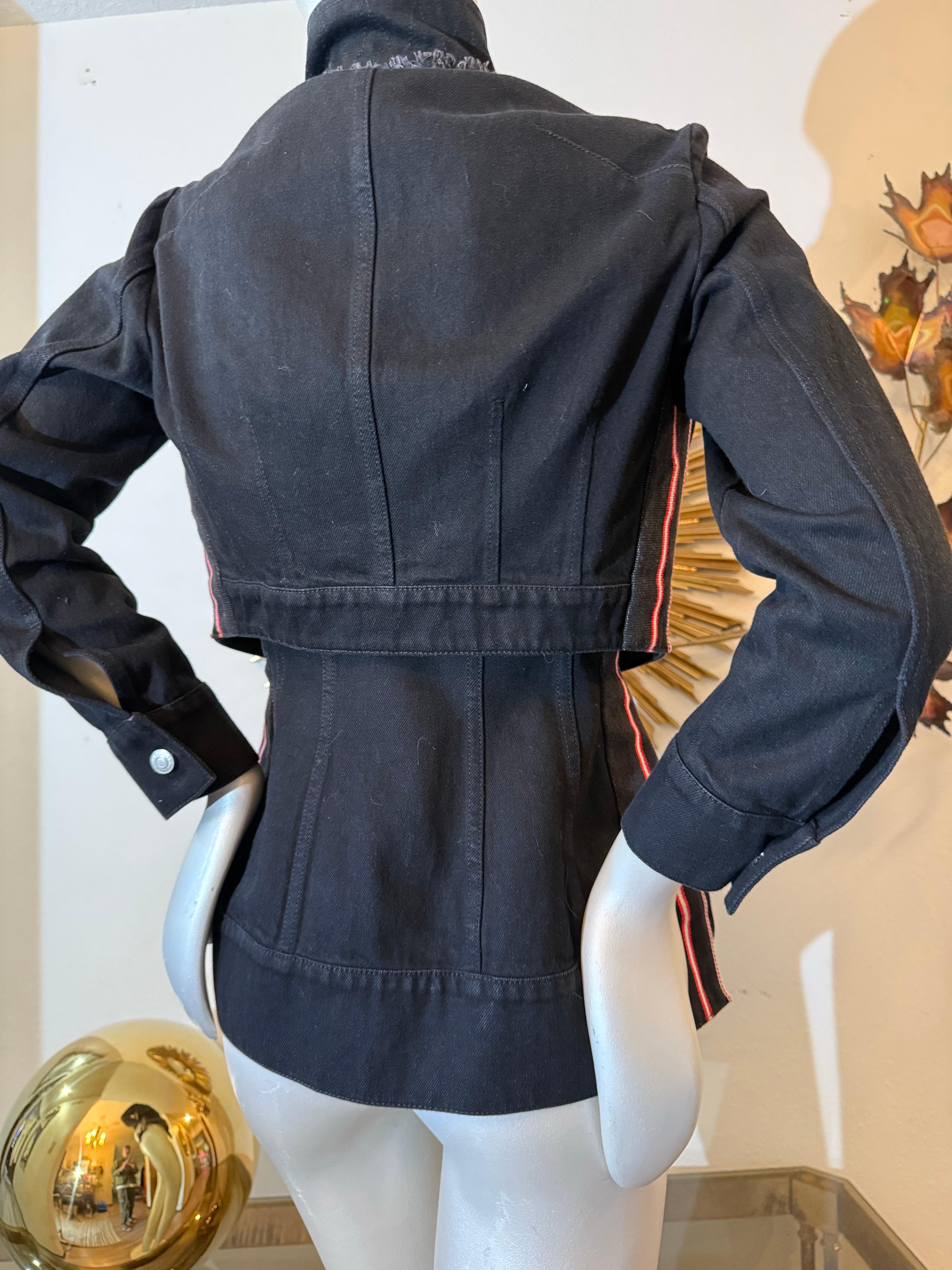 Alexander McQueen Black Denim Jacket w Integral Overlay and Stripes at Sides For Sale 4