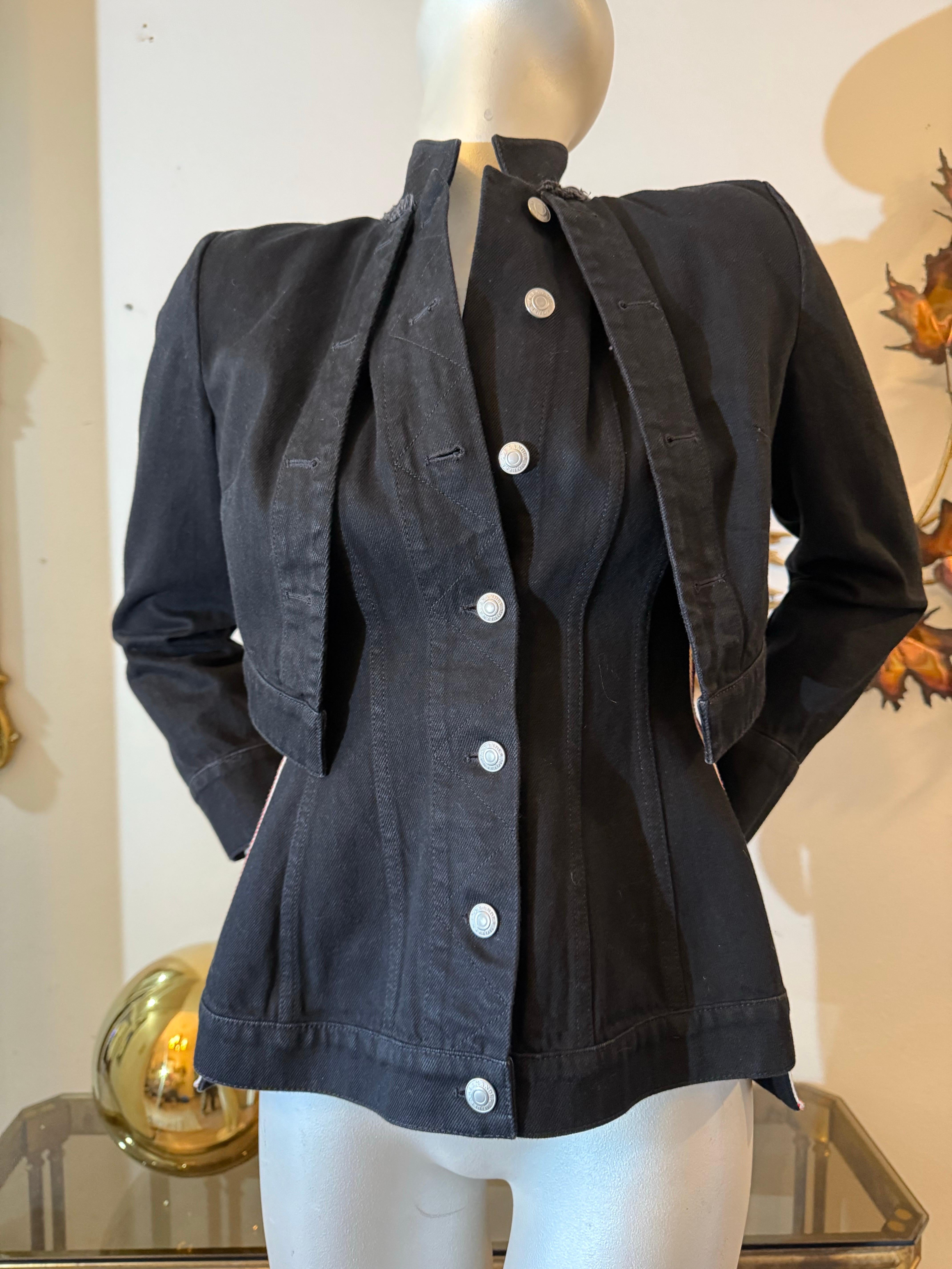 Alexander McQueen Black Denim Jacket w Integral Overlay and Stripes at Sides For Sale 5