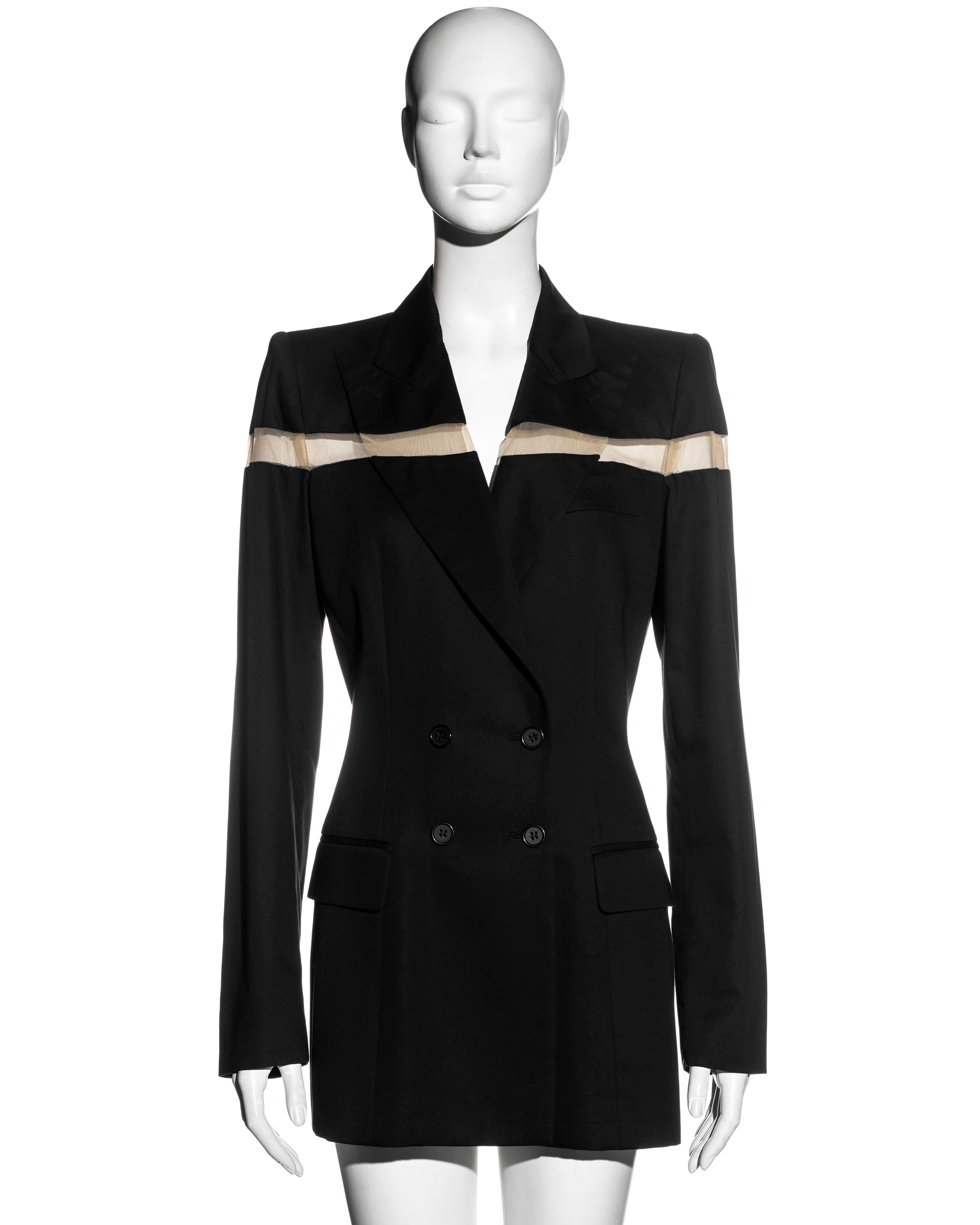 ▪ Alexander McQueen black blazer mini dress
▪ Double-breasted
▪ Nude nylon mesh cut-out panel 
▪ Peak lapels 
▪ 2 front flap pockets 
▪ Padded shoulders 
▪ New with tags
▪ IT 44 - FR 40 - UK 12 - US 8
▪ 100% Cotton  Mesh: 95% Nylon, 5% Elastic 
▪