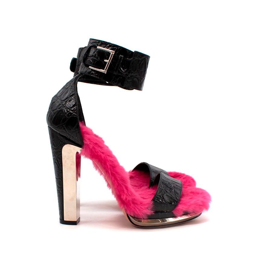Alexander McQueen Black Embossed Croc Pink Fur Lined Heeled Sandals
 

 - Chunky heeled sandals from AW16 runway collection
 - Featuring a single strap across the front of the foot, and a broad ankle cuff with silver-tone buckle
 - Crafted from