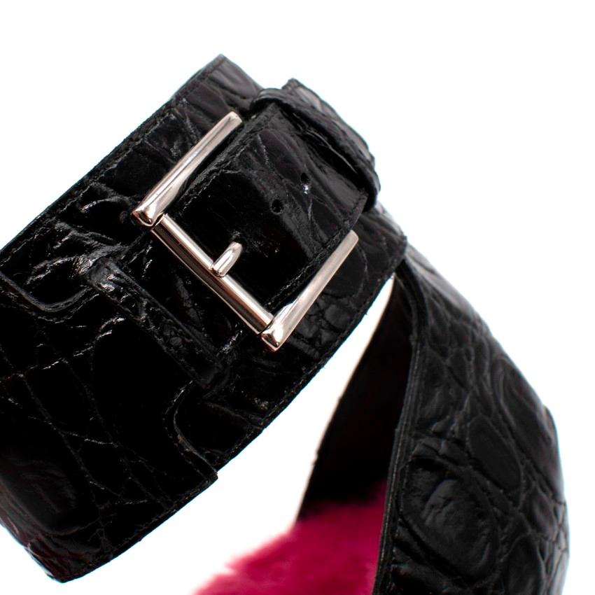 Women's Alexander McQueen Black Embossed Croc Pink Fur Lined Heeled Sandals - US 6.5