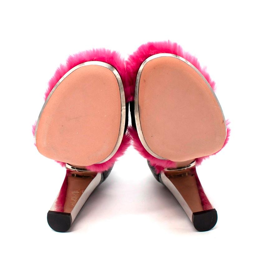 Alexander McQueen Black Embossed Croc Pink Fur Lined Heeled Sandals - US 6.5 1