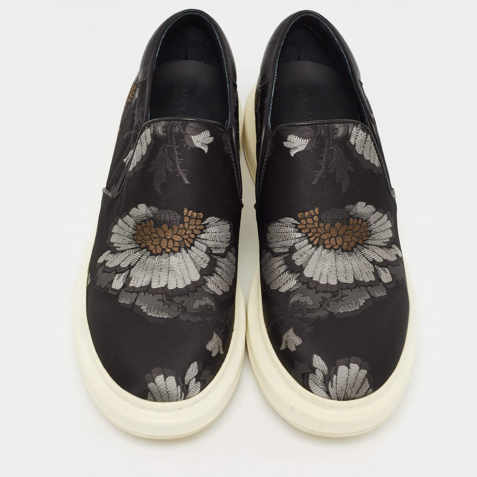 Beige Alexander McQueen Black Floral Brocade Fabric Slip On Sneakers Size 40