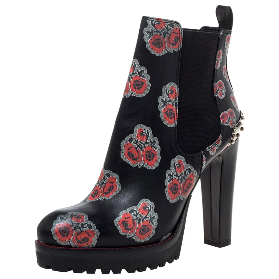 Alexander McQueen Black Floral Print Chelsea Studded Heels Ankle Boots ...