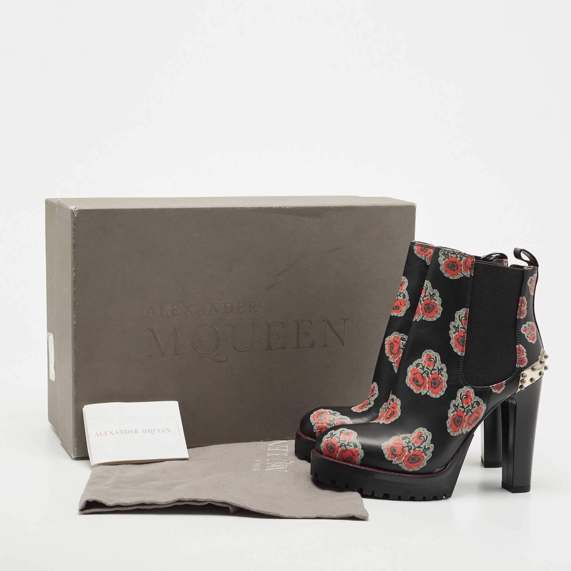 Alexander McQueen Black Floral Print Leather Chelsea Studded Heels Ankle Boots S 4
