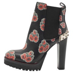 Alexander McQueen Black Floral Print Leather Chelsea Studded Heels Ankle Boots S