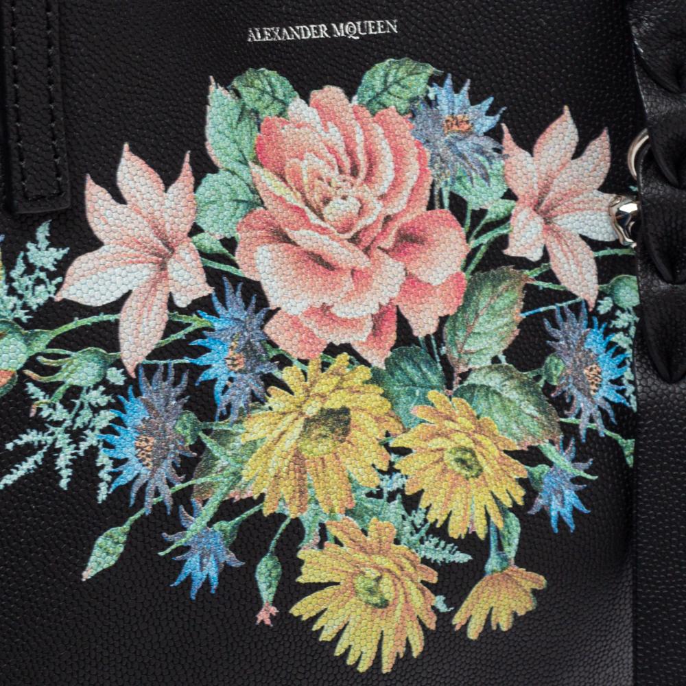 Alexander McQueen Black Floral Print Leather Shopper Tote 1