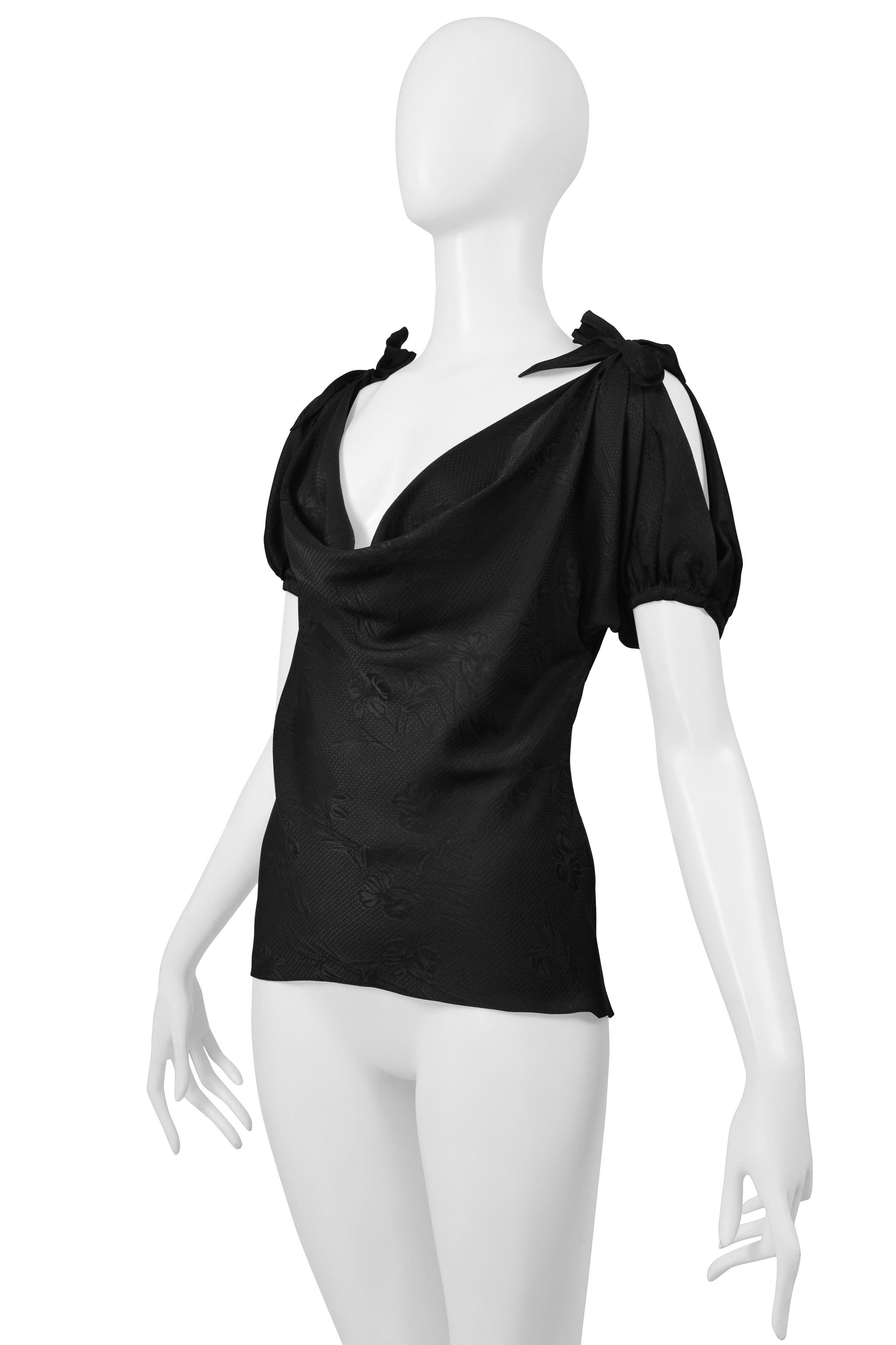 Alexander McQueen Black Floral Silk Blouse With Shoulder Ties In Excellent Condition In Los Angeles, CA