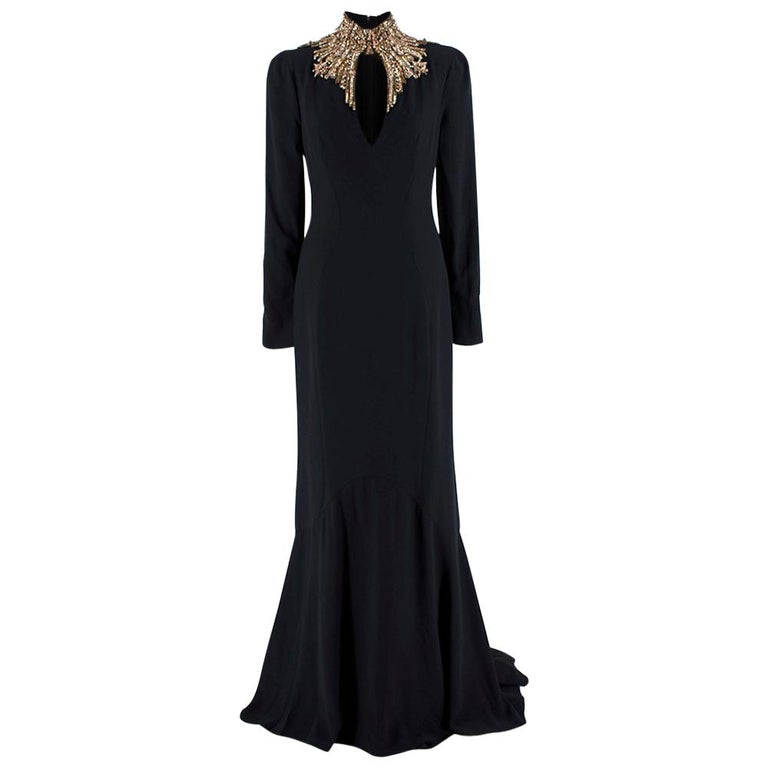 Alexander McQueen Black Gold Embellished Collar Cut-Out Gown US6 at 1stDibs