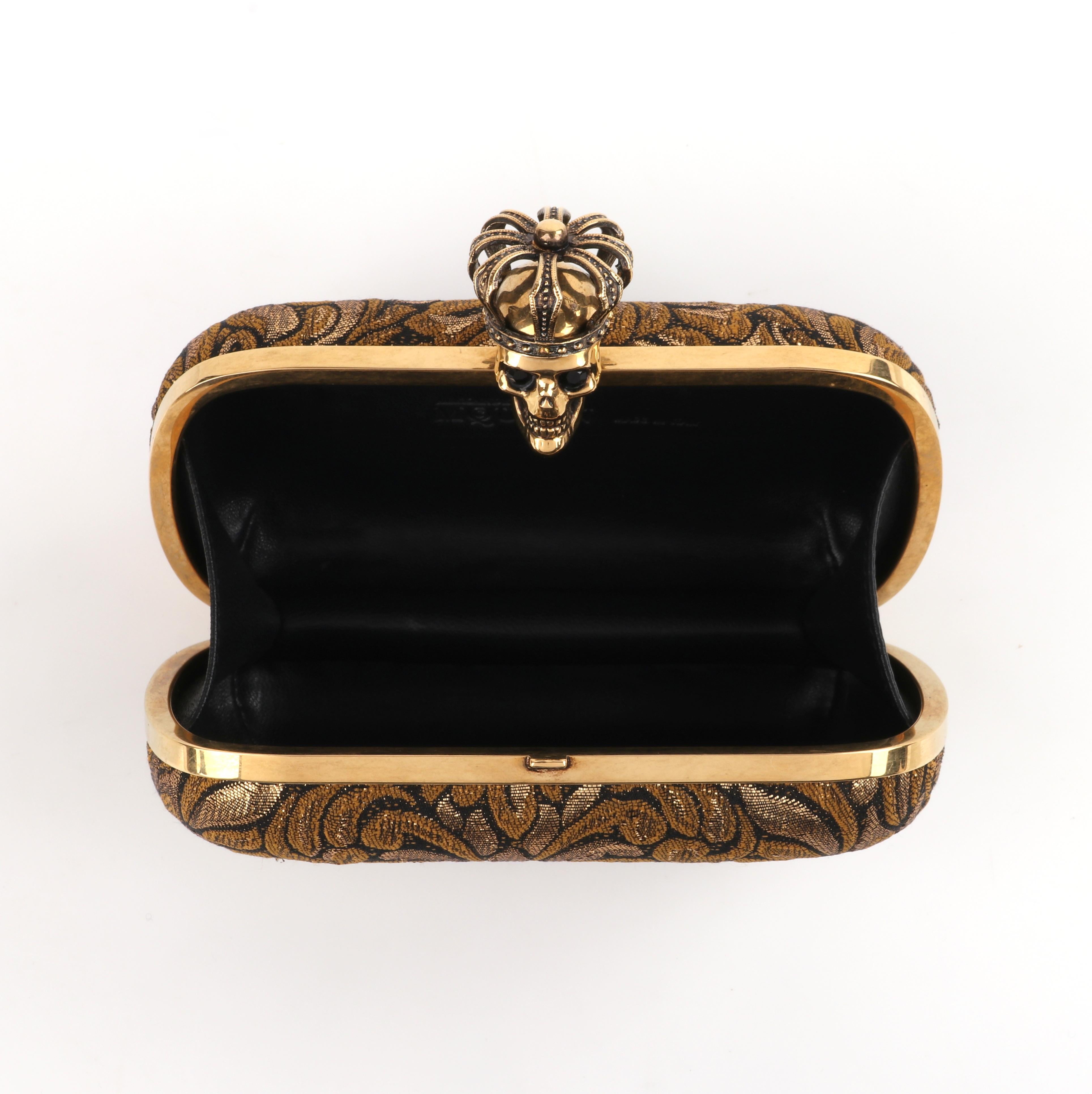 Women's ALEXANDER McQUEEN Black Gold Floral Brocade Skeleton Skull Crown Box Clutch