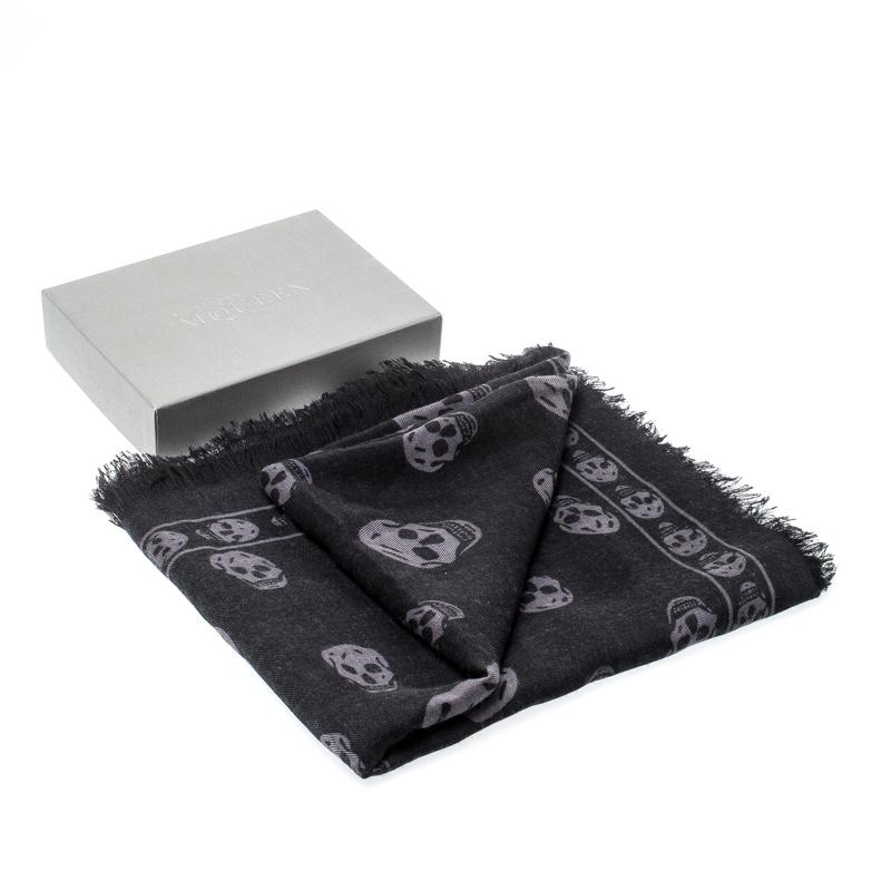 Alexander McQueen Black & Grey Skull Print Cashmere Scarf 1