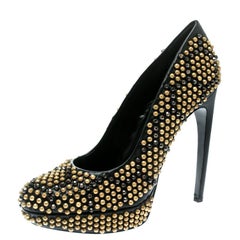 Alexander McQueen Black Hexagon Stud Embellished Leather Platform Pumps Size 40