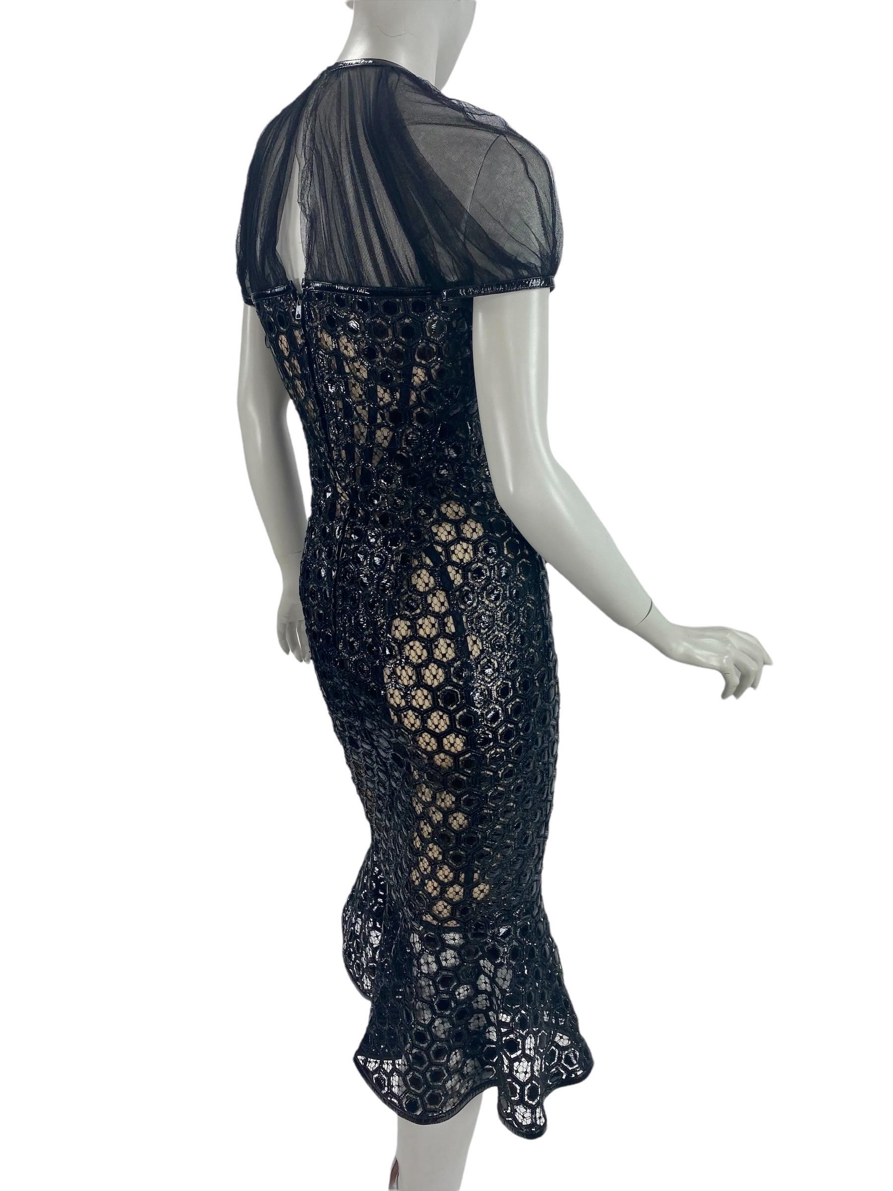 ALEXANDER McQUEEN Black Honeycomb-effect Patent-Leather & Tulle Corset Dress 38 1