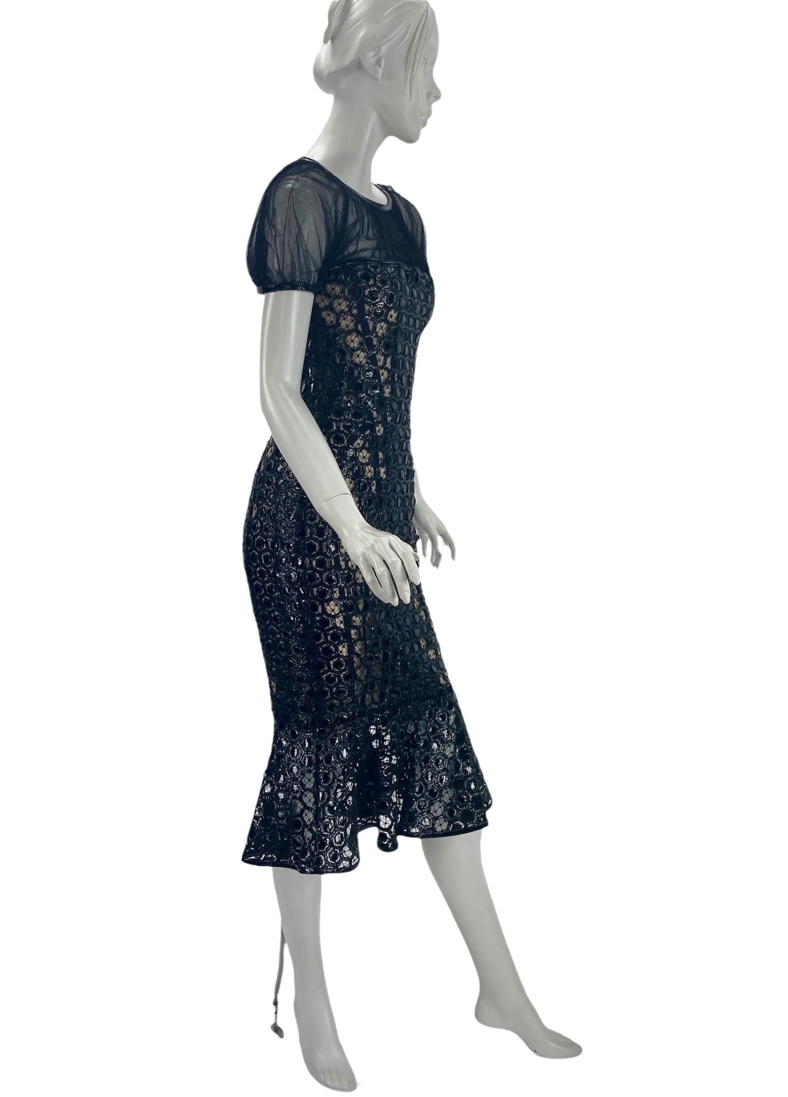 ALEXANDER McQUEEN Black Honeycomb-effect Patent-Leather & Tulle Corset Dress 38 2