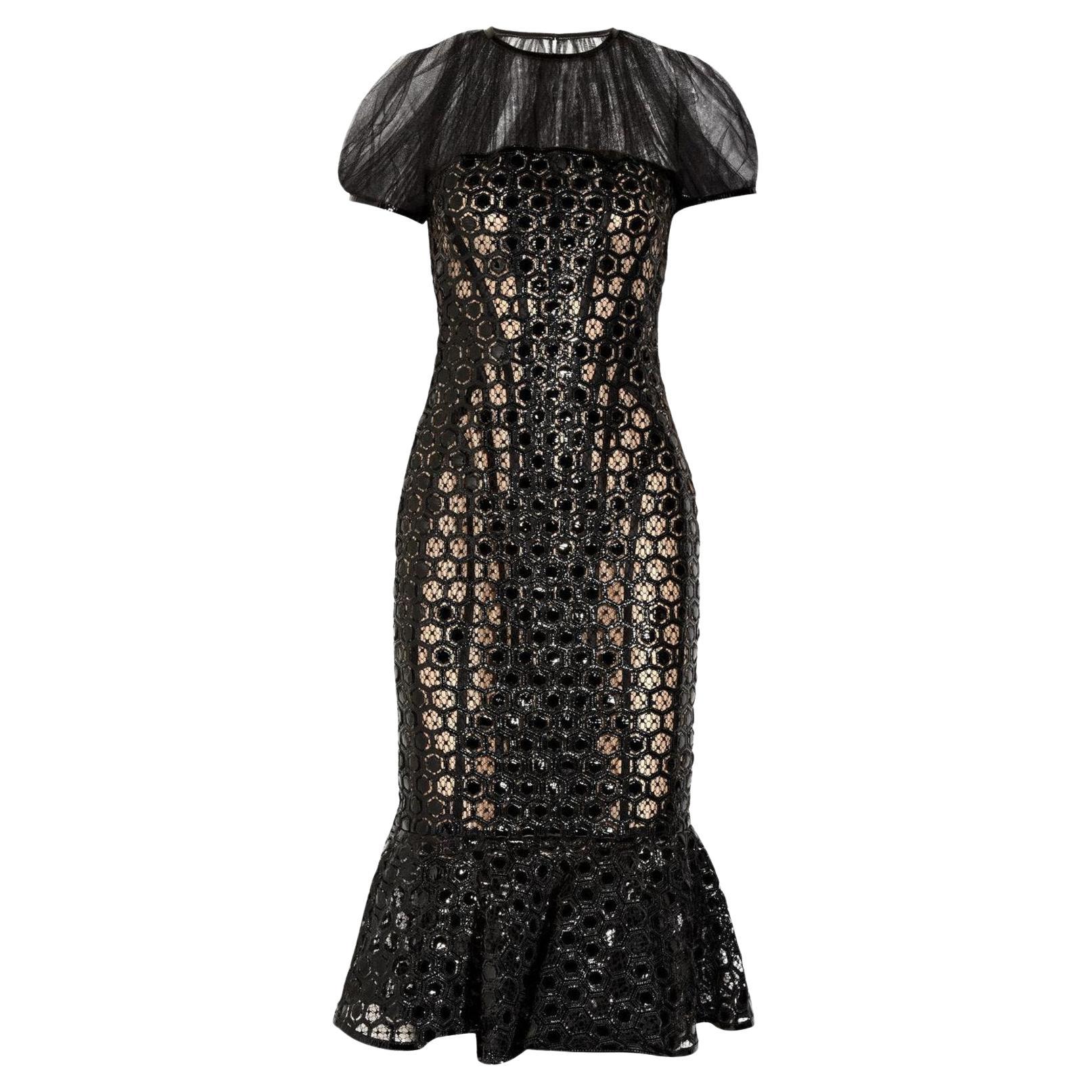 ALEXANDER McQUEEN Black Honeycomb-effect Patent-Leather & Tulle Corset Dress 38 For Sale