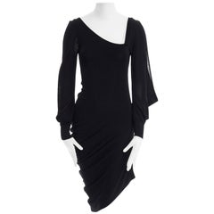 ALEXANDER MCQUEEN black knit asymmetric neckline kimono sleeve draped dress S