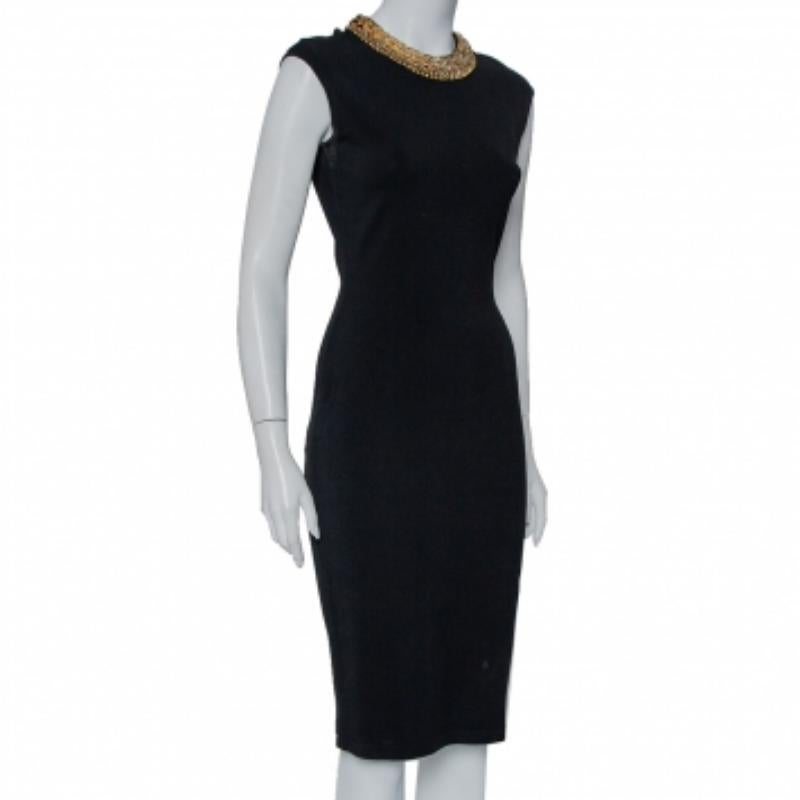 Alexander McQueen Black Knit Embellished Neck Detail Sleeveless Sheath Dress M In Good Condition For Sale In Dubai, Al Qouz 2