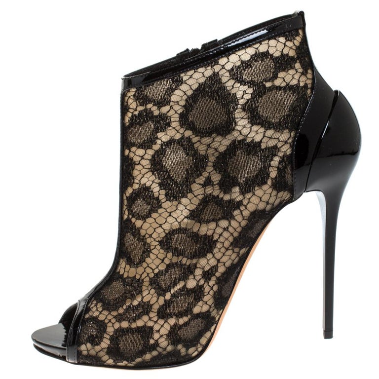 Alexander McQueen Black Lace and Patent Leather Peep Toe Ankle Booties ...