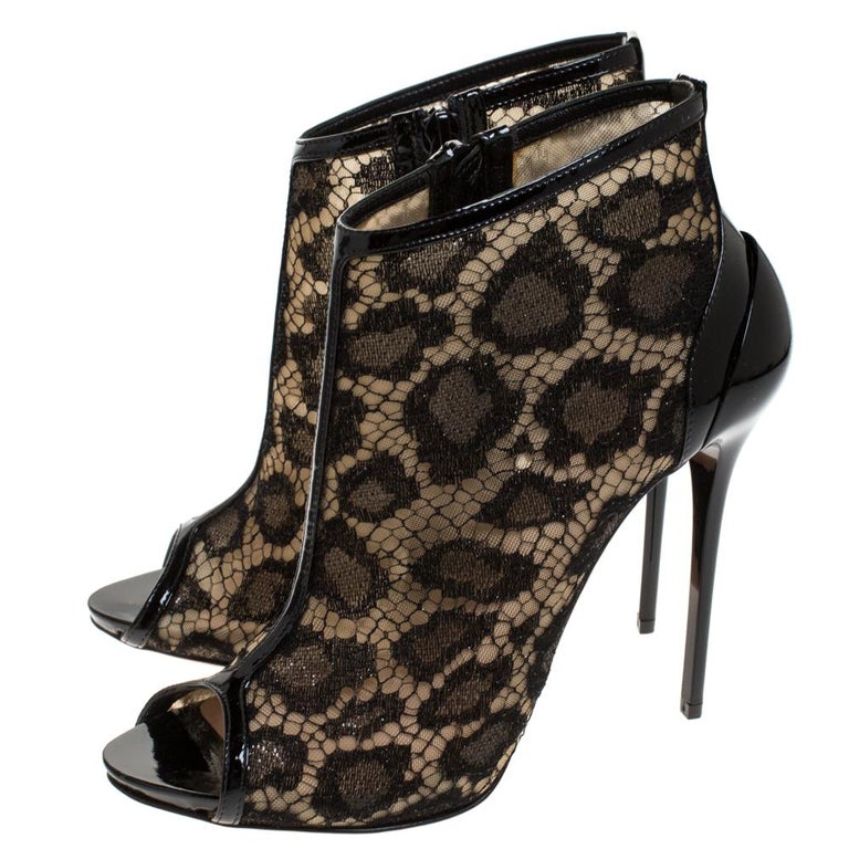 Alexander McQueen Black Lace and Patent Leather Peep Toe Ankle Booties ...