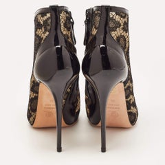 Alexander McQueen Black Lace and Patent Leather Peep Toe Booties Size 38