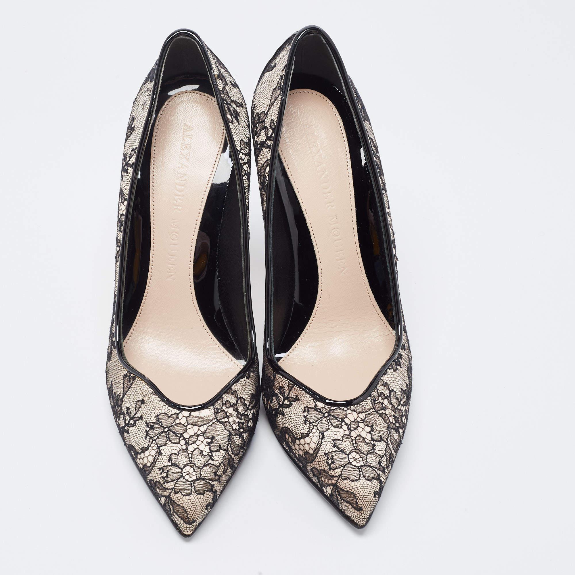 Women's Alexander McQueen Black Lace and Patent Leather Pumps 