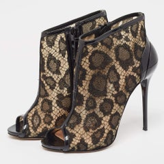 Alexander McQueen Black Lace and Patent Open Toe Ankle Booties Size 37