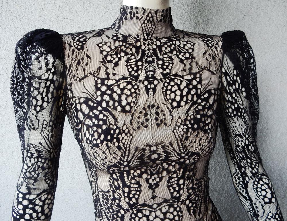 Alexander McQueen Black Lace Butterfly Dress Gown In New Condition For Sale In Los Angeles, CA